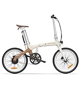 Folding electric bicycle with cream frame, brown accents. Features include rear hub motor, compact design, brown leather saddle, and silver folding mechanism on frame and handlebar stem.