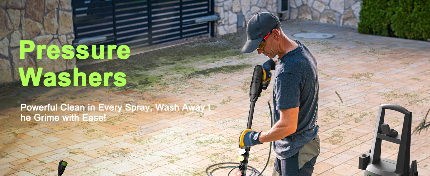 Person using a pressure washer on an outdoor patio. Text overlay reads 'Pressure Washers' and 'Powerful Clean in Every Spray, Wash Away the Grime with Ease!'