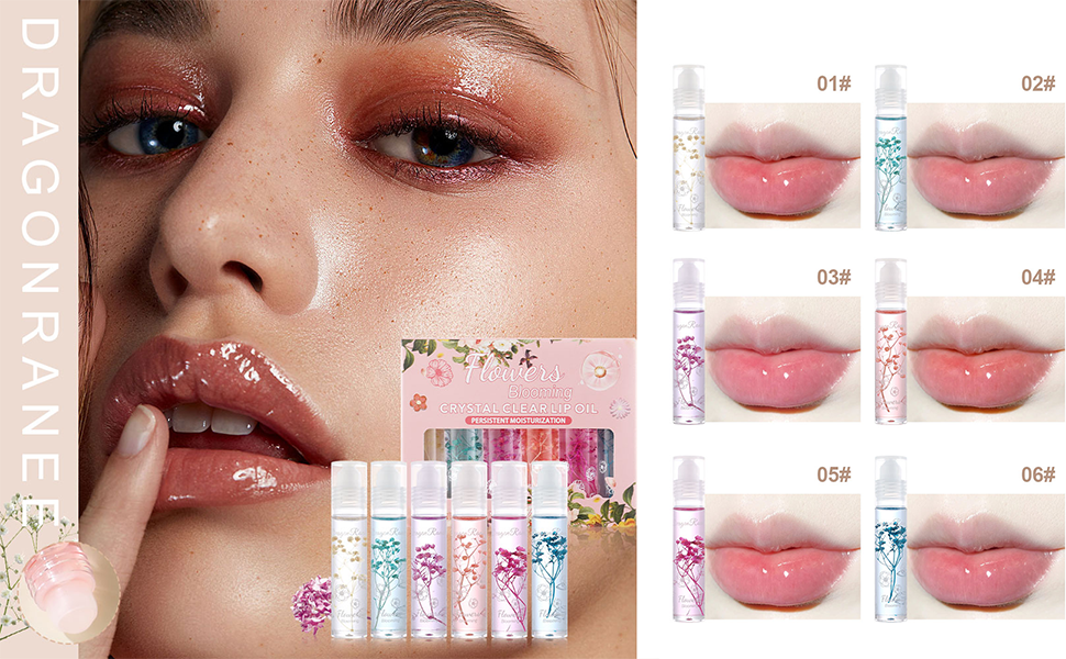 Flower Jelly Lip Oil Set van 6 hydraterende crème, lang aanhoudende roll-on lipgloss
