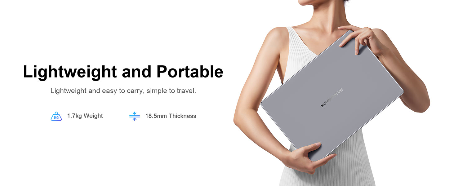 Text reads: 'Lightweight and Portable'. Product shot showing person holding slim gray laptop or electronic device against white background.