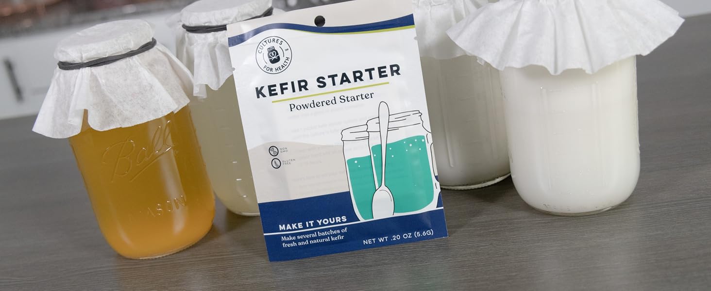 kefir starter surrounded by jars of various types of kefir; kefir water; kefir grains organic; 