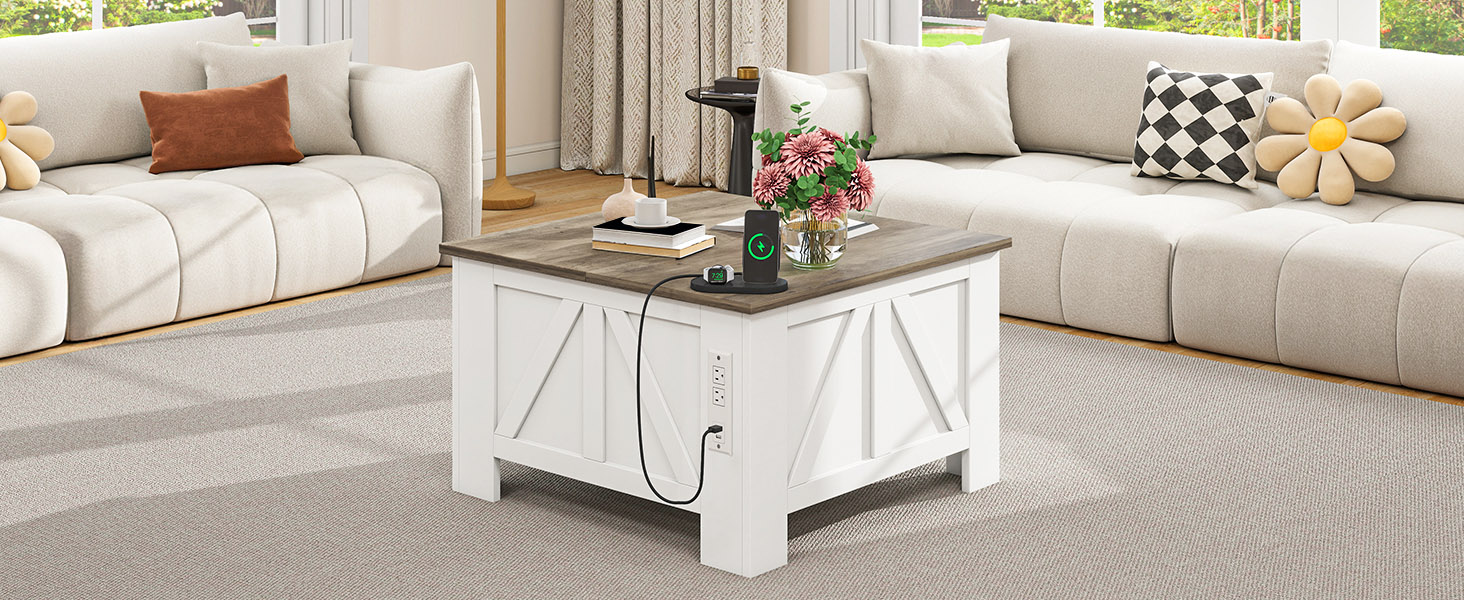 Farmhouse Lift Top Coffee Table with Storage, Wood Square Center Table Hidden Tables for Living Room