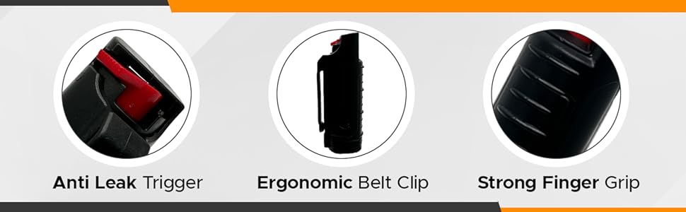 Anti Leak Trigger, Ergonomic belt clip, strong finger grip