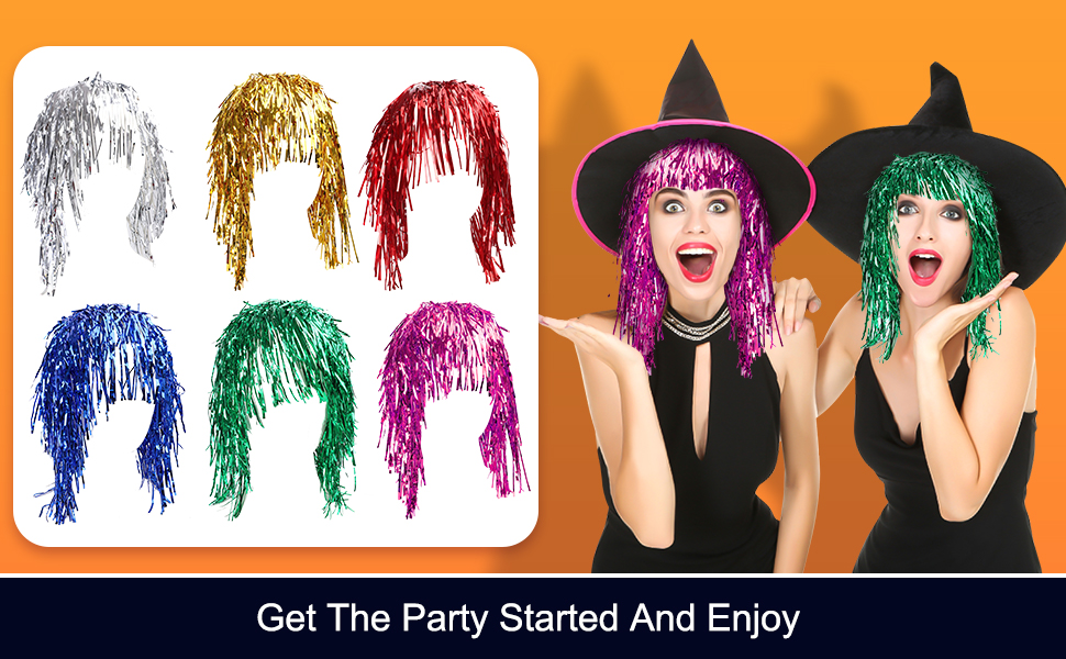 INOOMP 6Pcs Foil Tinsel Wigs for Women Men, Foil Wig Silver Tinsel Wig Costume