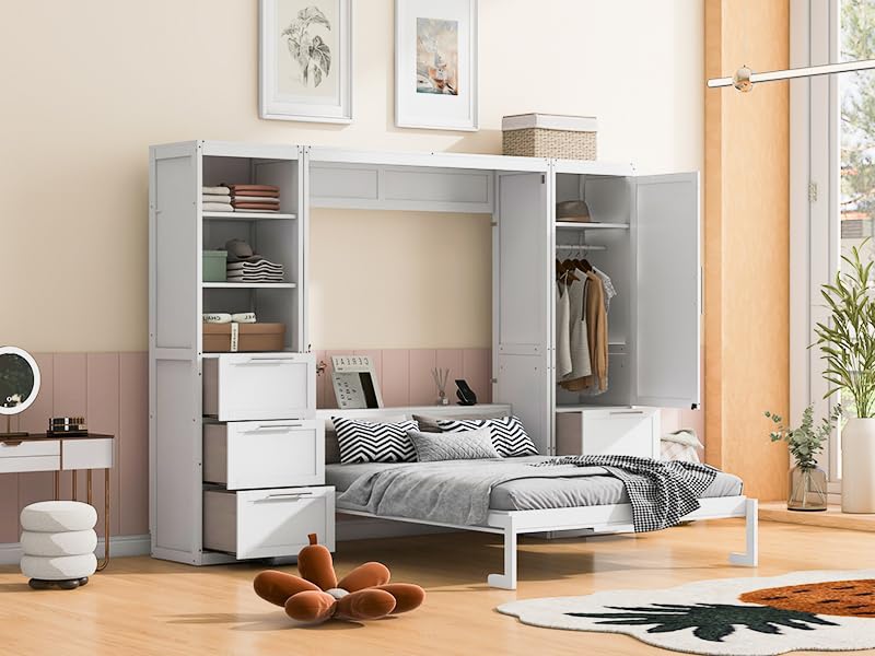 Merax Murphy Bed Queen Size, Builtin Shelves, Storage