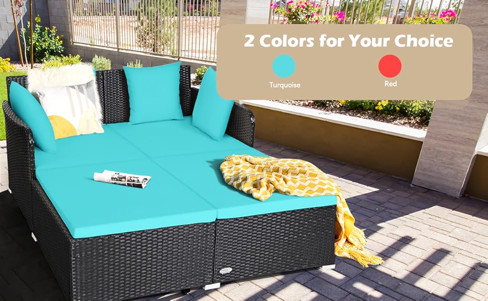 COSTWAY Outdoor Rattan Daybed, Patio Sofa Bed Sun Lounger Couch With Upholstered Cushions, Wicker Weave Loveseat Conversation Furniture Set For Garden Yard And Poolside (Red) 16 4