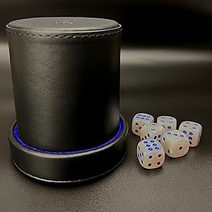 Black and blue cup with matching pearl dice. 