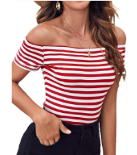 LilyCoco Striped Off The Shoulder Tops for Women Short