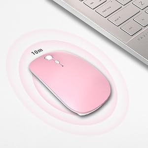 Diagram of the pink wireless mouse with labels for its components