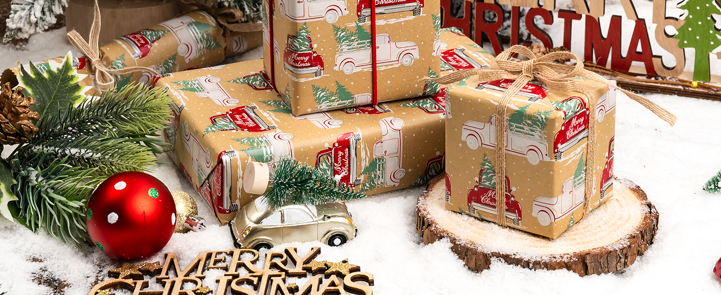 MAYPLUSS Kraft Christmas Wrapping Paper Roll 17 Inch X 33