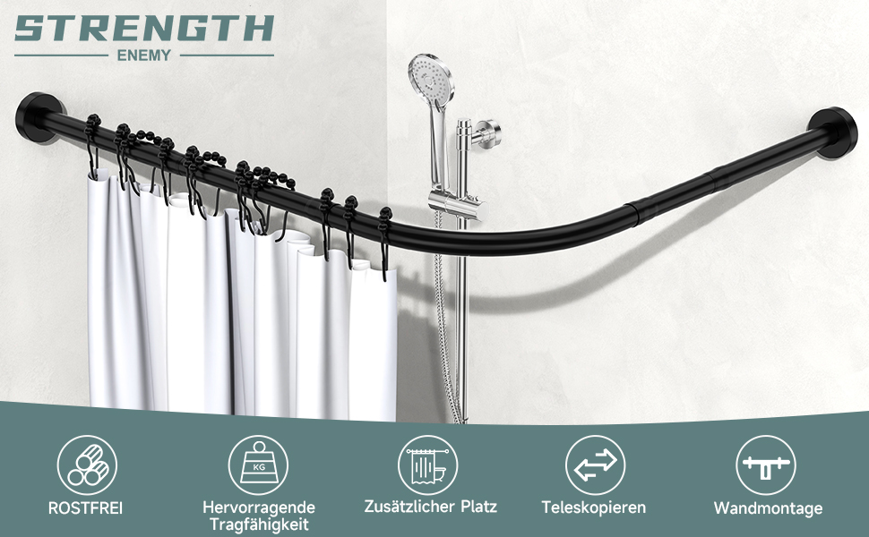 Douchegordijnstang zonder boren, 304 roestvrij staal, Lvorm