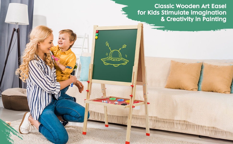 Kids Easel Double Sided Wooden Art Easel with Whiteboard & Chalkboard