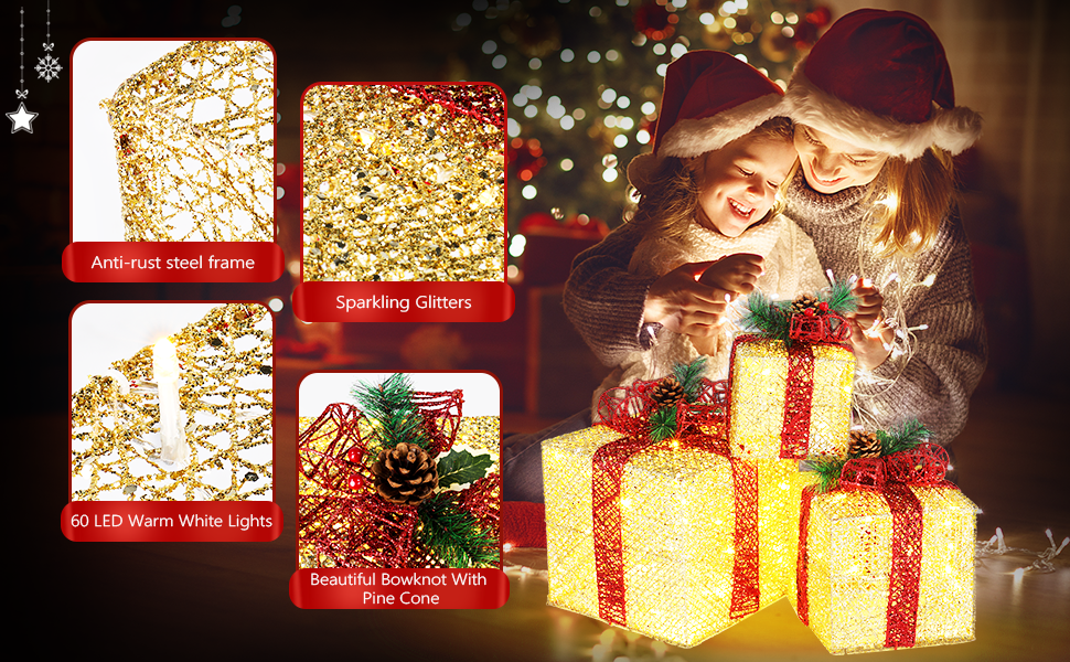 VINGLI Christmas Lighted Gift Boxes Set of 3 with Plug