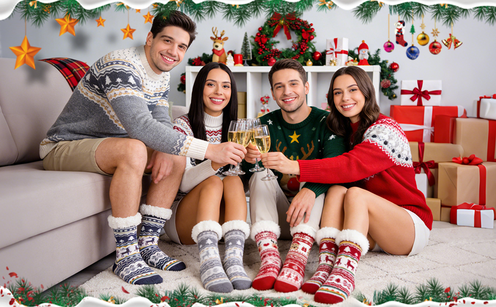 Holiday scene showing people on couch wearing festive socks, surrounded by Christmas decorations, wrapped presents, and garland with lights.