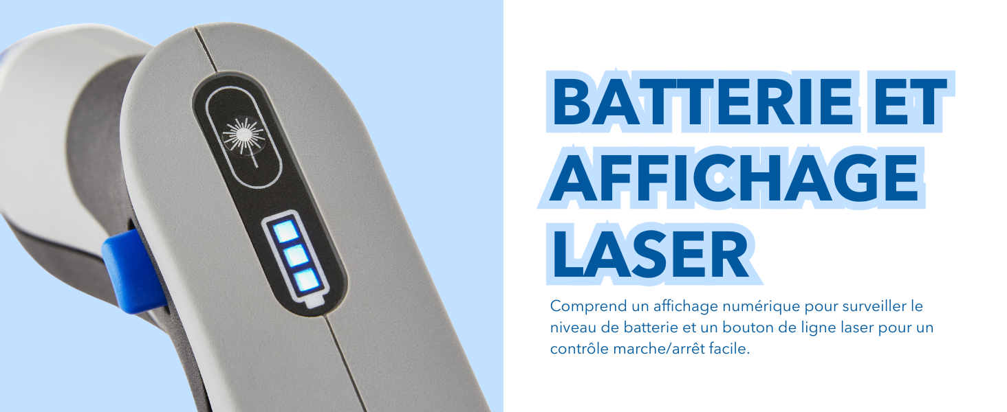 Spécifications techniques du produit indiquant les caractéristiques de la batterie et du laser, avec des illustrations schématiques sur fond bleu et blanc.