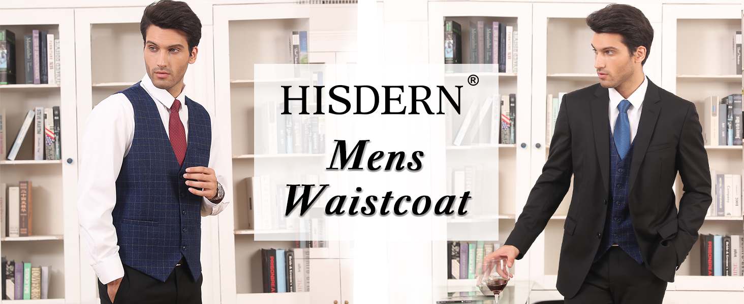 HISDERN Men's Formal Waistcoat Wedding Party Cotton Plaid Suit Vest 8 1