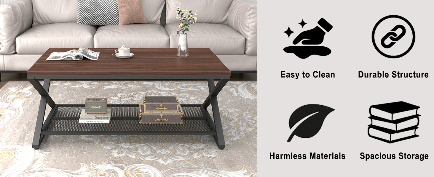 LVB Walnut Coffee Table with Storage, Metal Wood Rectangle