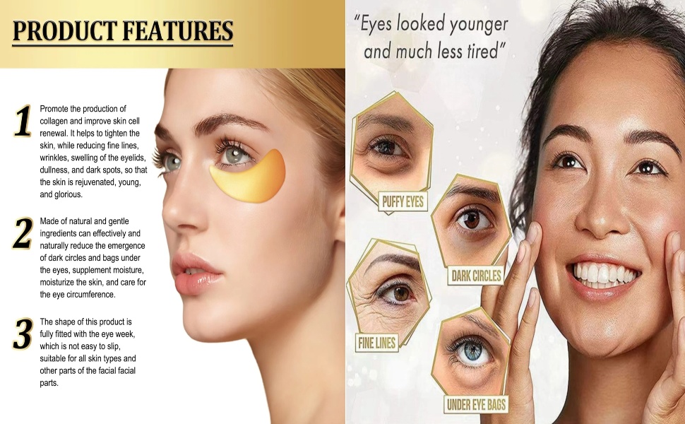 24K eye mask patch, eye care, reduces wrinkles, puffiness, eye bags, and dark circles.