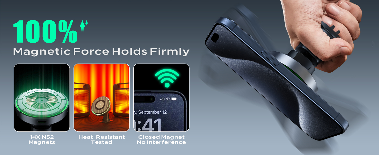 Hand holding a smartphone with magnetic mount. Three icons show magnetic force, temperature resistance, and wireless charging capabilities.