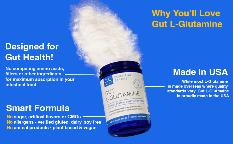 Essential Stacks Gut LGlutamine Powder Gluten, Dairy
