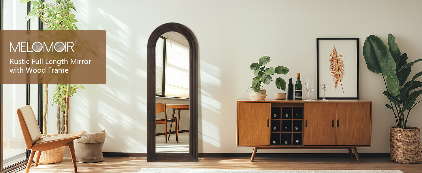 MELOMOIR Arched Full Length Mirror with Solid Wood Frame, Rustic Farmhouse Floor Mirror with Stand, Free Standing Leaning Hanging, for Bedroom Living Room Dressing Room
