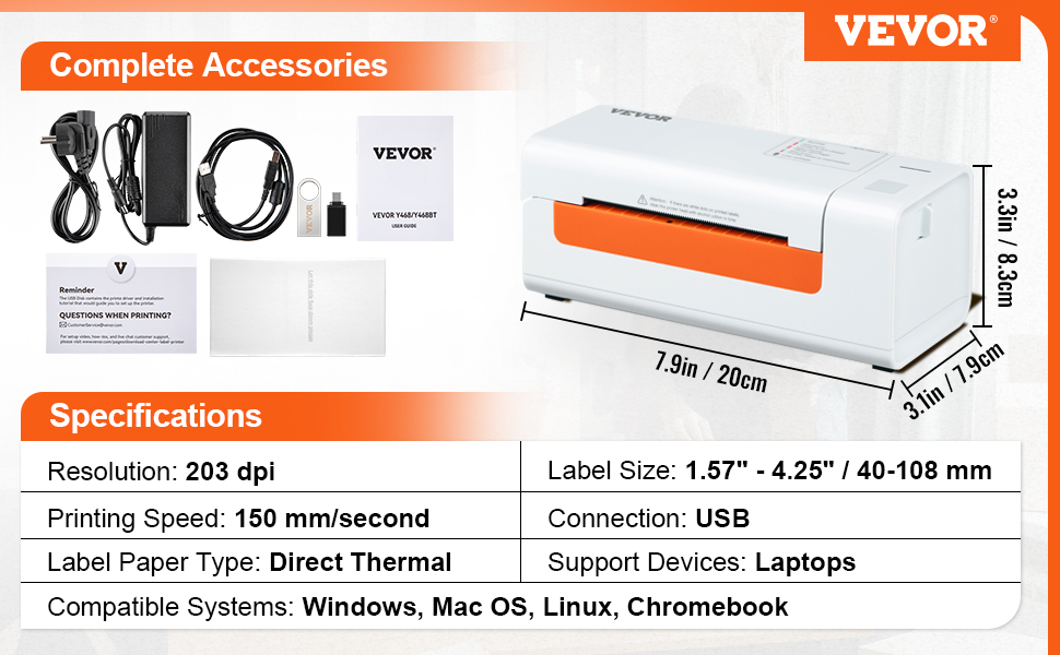 VEVOR Thermal Label Printer, Shipping Label Printer for 4" x 6" Labels