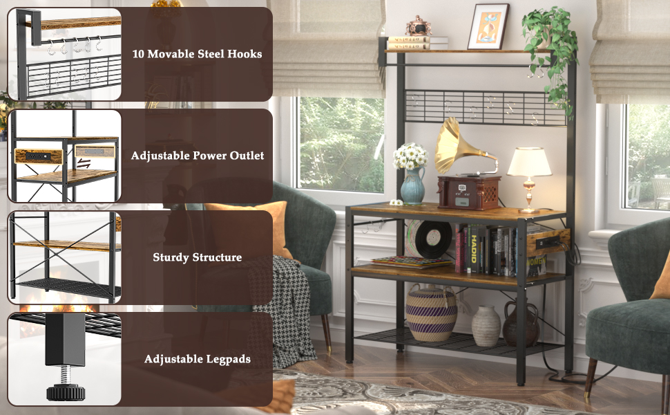 Bakers Rack with Power Outlet, 4Tier Microwave Oven Stand