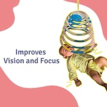 Wooden spiral hanging mobile with a baby playing it stating improves baby&#39;s vision and focus