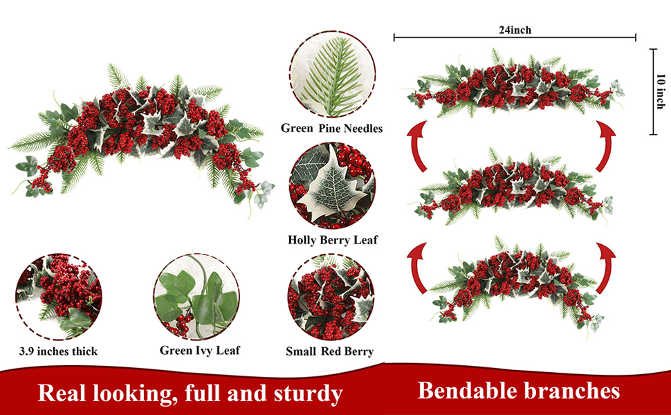 SHACOS 24" Christmas Swags Holly Berry Swag Small Red Holly Berries