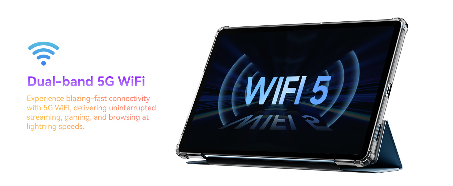 Tablet device in stand position displaying WiFi 5 logo with dual-band 5G WiFi connectivity indicator and blue wireless signal icons.