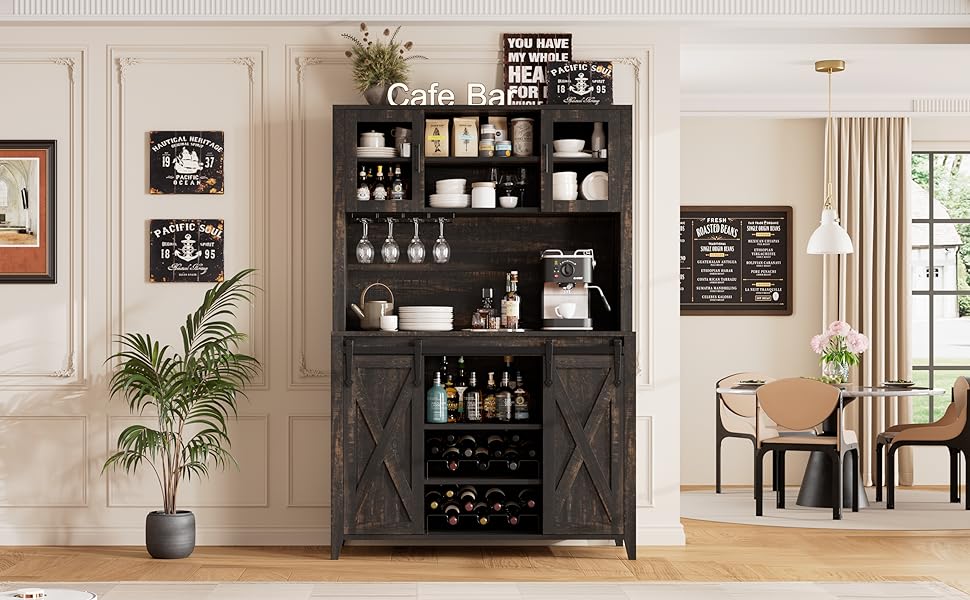 Wine Coffee Bar Cabinet with Storage Hutch Tall Kitchen Pantry Liquor Cabinet farmhouse