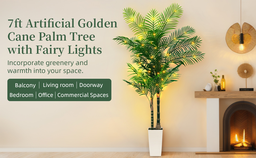 7ft Faux Golden Cane Palm Tree with Fairy Lights for Indoor Home Office Foyer Corner Outdoor Decor