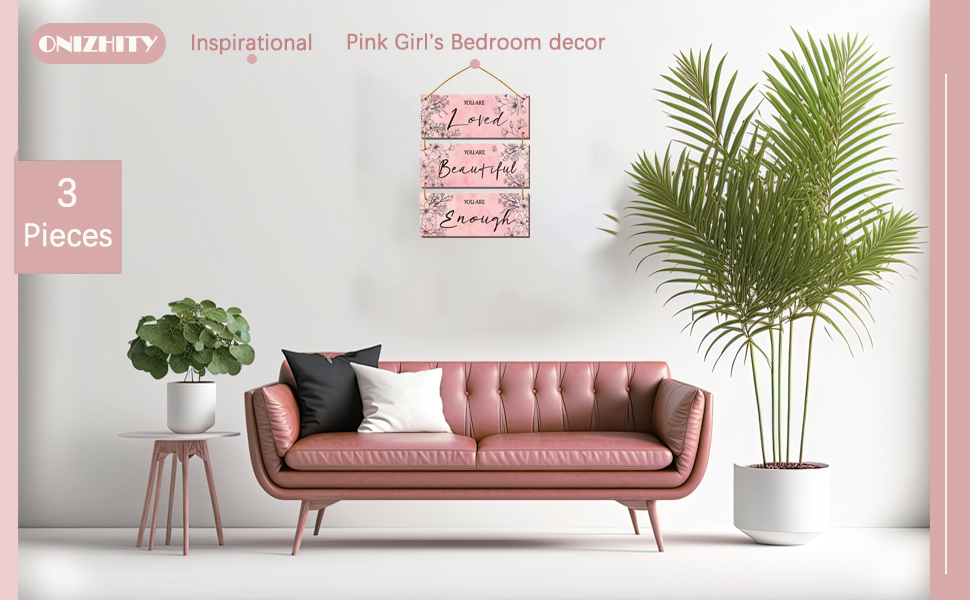 ONIZHITY 3 Pcs Pink Floral Wooden Wall Decor Positive
