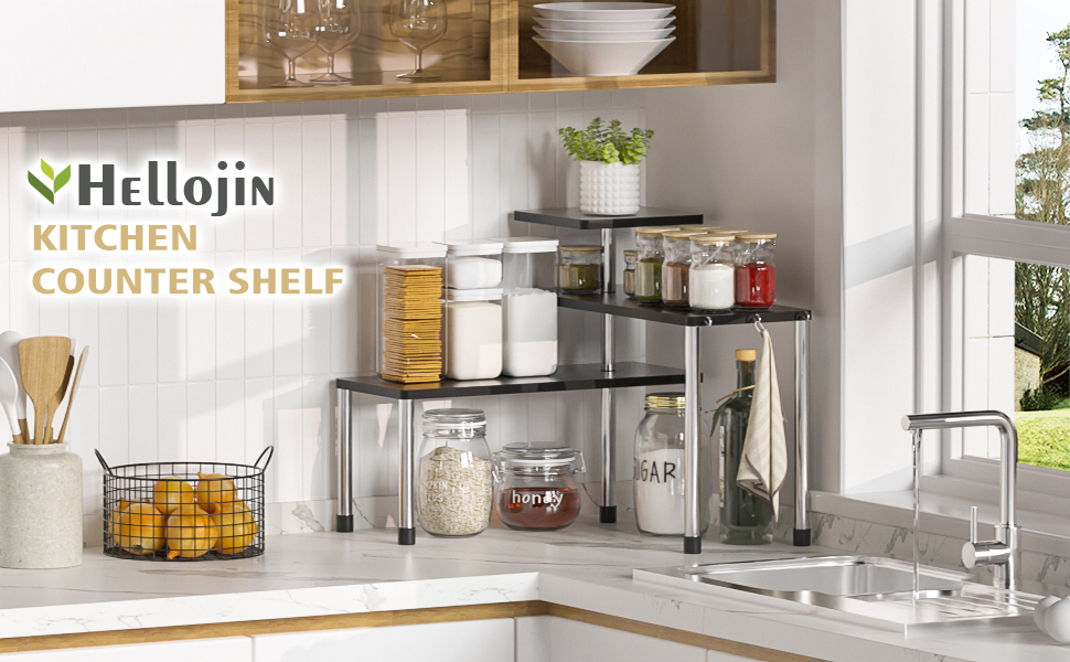 Hellojin Kitchen Countertop Organizer Corner Shelf Black