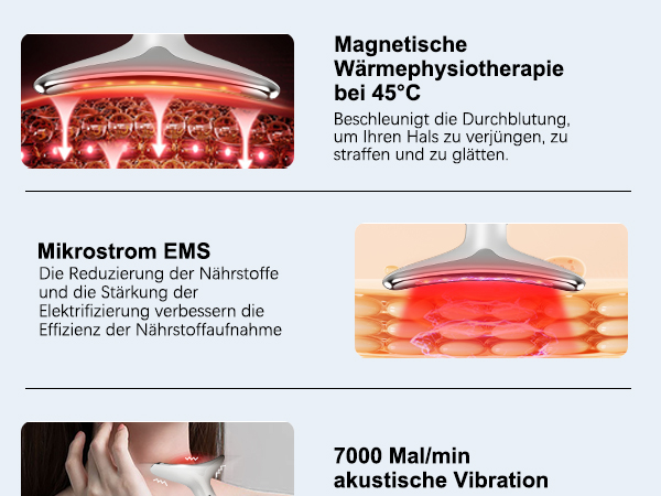 Der Text lautet „Magnetische Thermophysiotherapie“, „Mikrostrom EMS“, „bei 45°C“, „akustische Vibration“. Medizinisches Therapiegerät mit Rotlicht-Behandlungspanel.