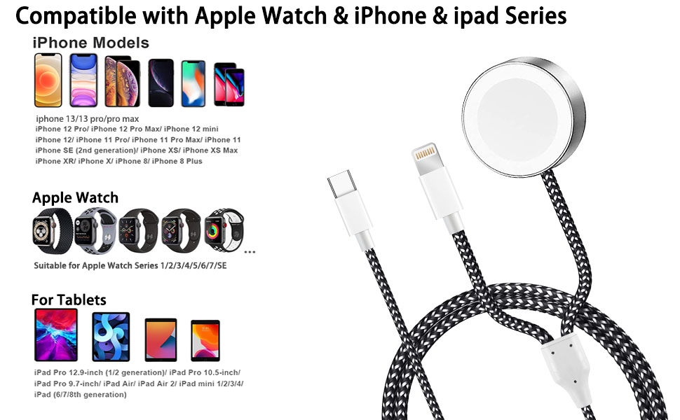 2in1 USB C Charger for Apple Watch and iPhone, 1.5M Nylon Braided iWatch Charger