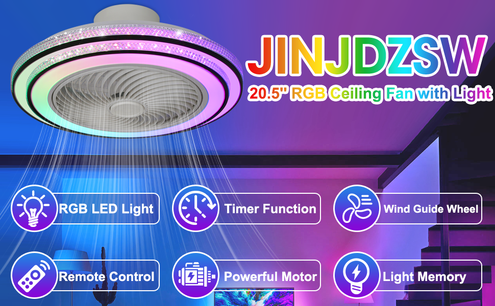 RGB Flush Mount Ceiling Fan with Lights, 20.5'' Modern LED Dimmable Low Profile Ceiling Fan with