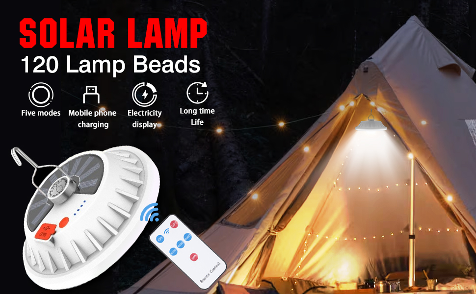 NAKCNM 120 LED Solar Camping Light with Remote Control, LED Camping