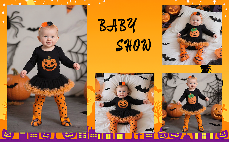 Text reads 'BABY SHOW'. Orange-themed collage featuring multiple photos with Halloween-themed infant clothing against decorative background.