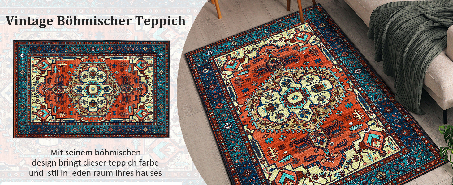 Vintage-Teppich von Böhmischer mit aufwändigem Medaillon-Design in satten Rot-, Blau- und Cremetönen, abgebildet auf dem Produktfoto und der