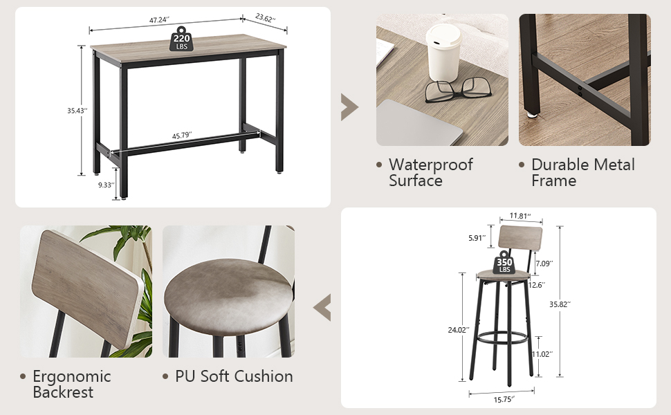 Hommoo Bar Table and Chairs Set for 5 Industrial Counter