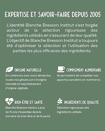 mettant en valeur l'expertise depuis 2005, avec des icônes représentant l'origine naturelle, les compléments alimentaires, le bien-être et la santé, ainsi que des ingrédients de qualité, avec des descriptions textuelles en français