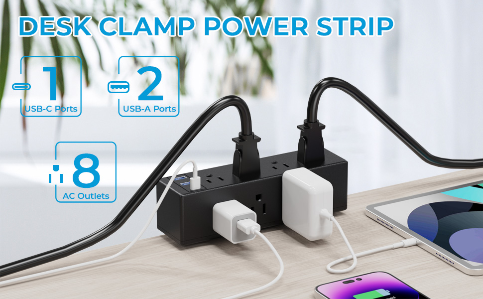 Desk Clamp Power Strip with 8 Outlets, Desk Power Strip