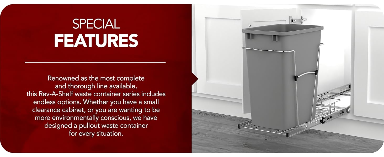 A pullout waste can under a counter. Text reads: Special Features.