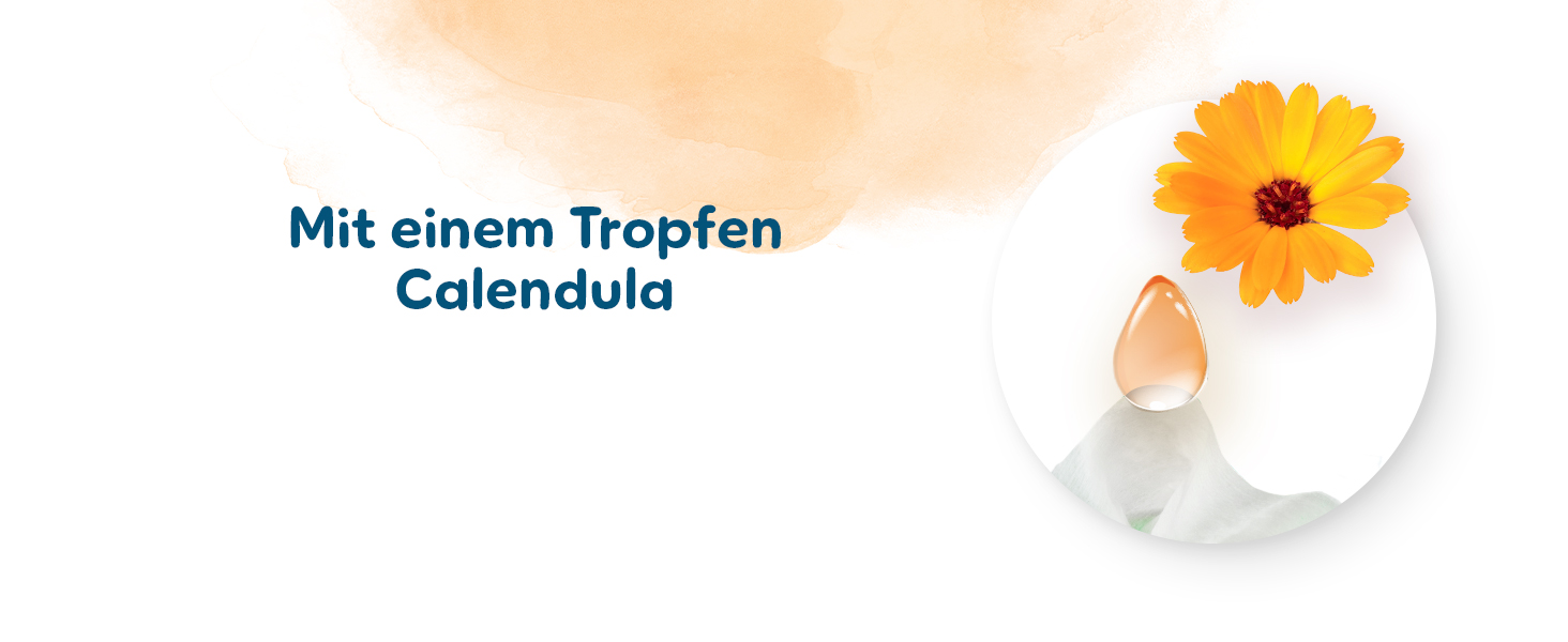 Abbildung einer Calendula-Blüte mit Tropfen, der in die Protect & Care Feuchttücher fällt.