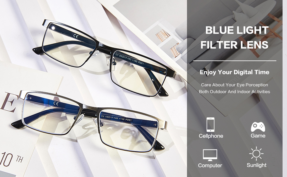 blue light blocking bifocal reading glasses men metal readers black gun color