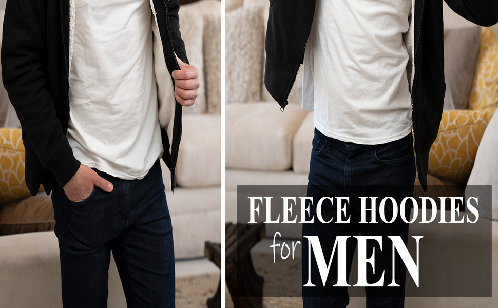 a man wearing a fleece hoodie and jeans