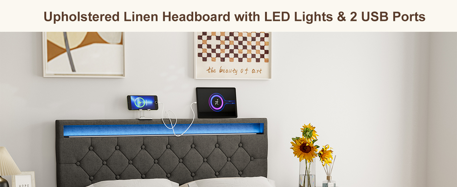 IKIFLY Upholstered Full Size Headboard with LED Lights & 2