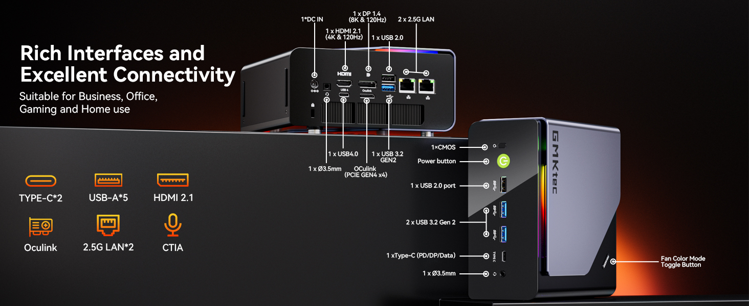 gmktec k12 mini pc with hdmi2.1 dp1.4 dual 2.5g lan usb4.0 usb3.2 3.5mm ctia  oculink port