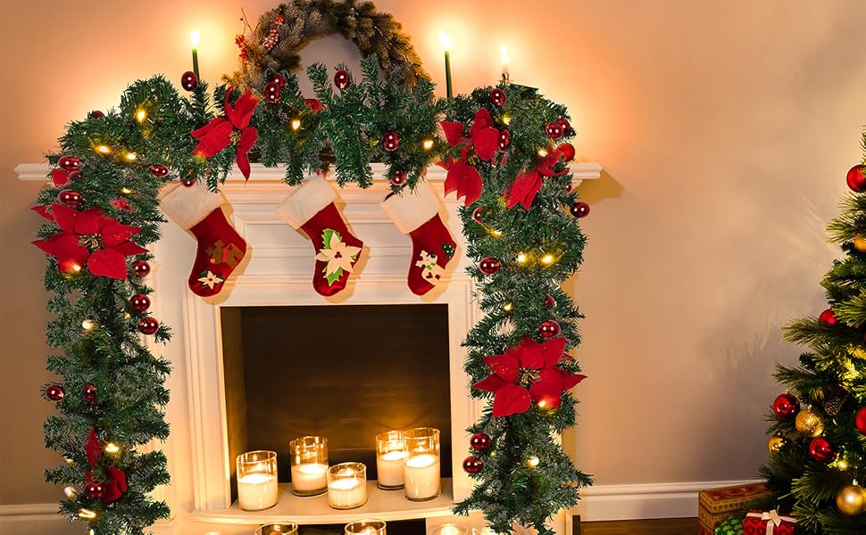 270cm(9ft) Christmas Garland with Lights, Artificial Christmas Garland